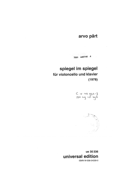Arvo Parts- Spiegel Im Spiegel (Mirror And Mirror) For Cello And Piano