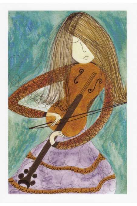 Music Theme Greeting Card 'Girl and Violin (green and purple)'