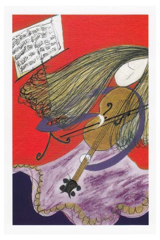 Music Theme Greeting Card 'Girl and Violin (red and purple)'