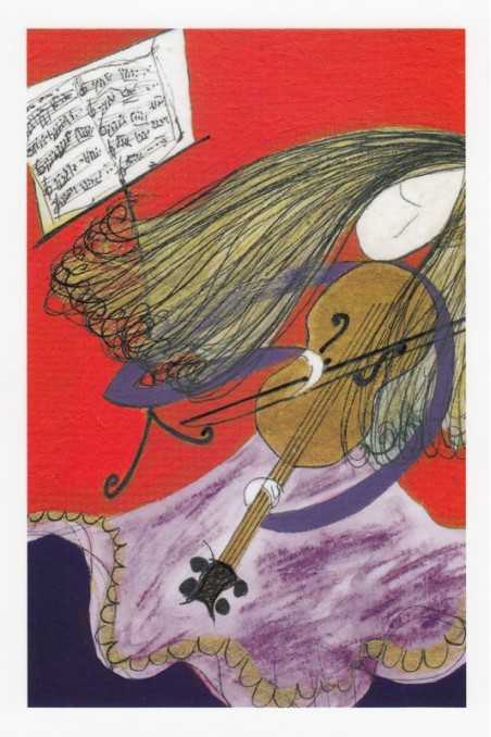 Music Theme Greeting Card 'Girl and Violin (red and purple)'