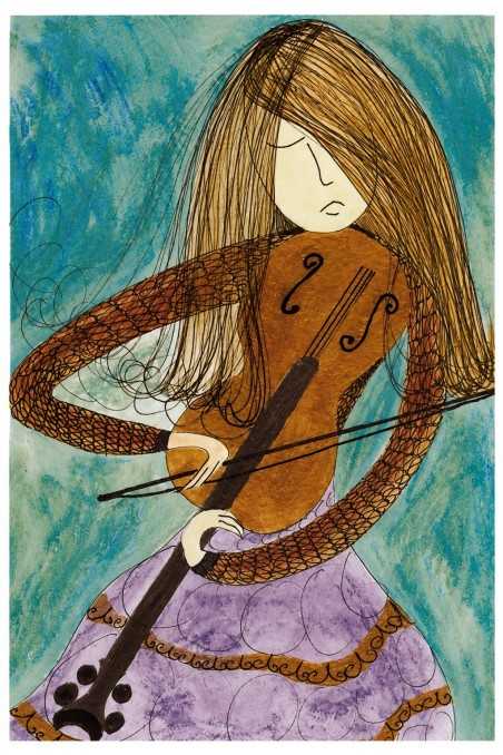 Music Theme Greeting Card 'Girl and Violin (green and purple)'