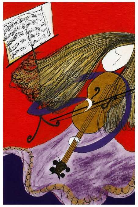 Music Theme Greeting Card 'Girl and Violin (red and purple)'